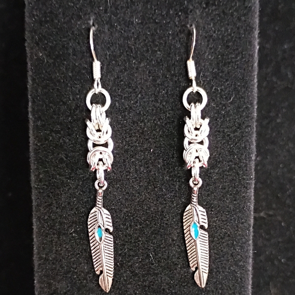 Jewelry - Silver Feather Earrings with Turquoise Accents